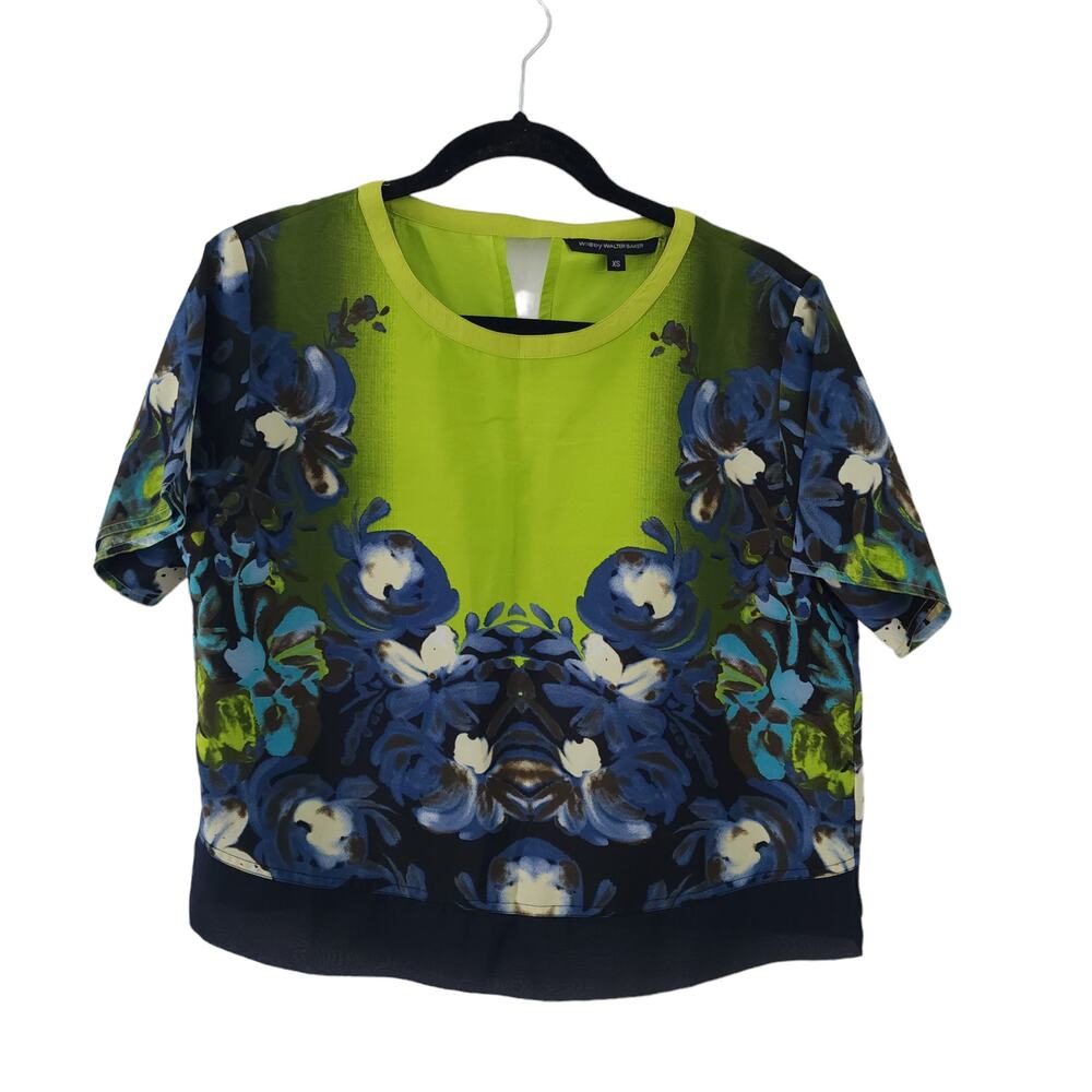 W118 by Walter Baker Women Blouse Top XS Green Blue Floral Short Sleeve Pullover